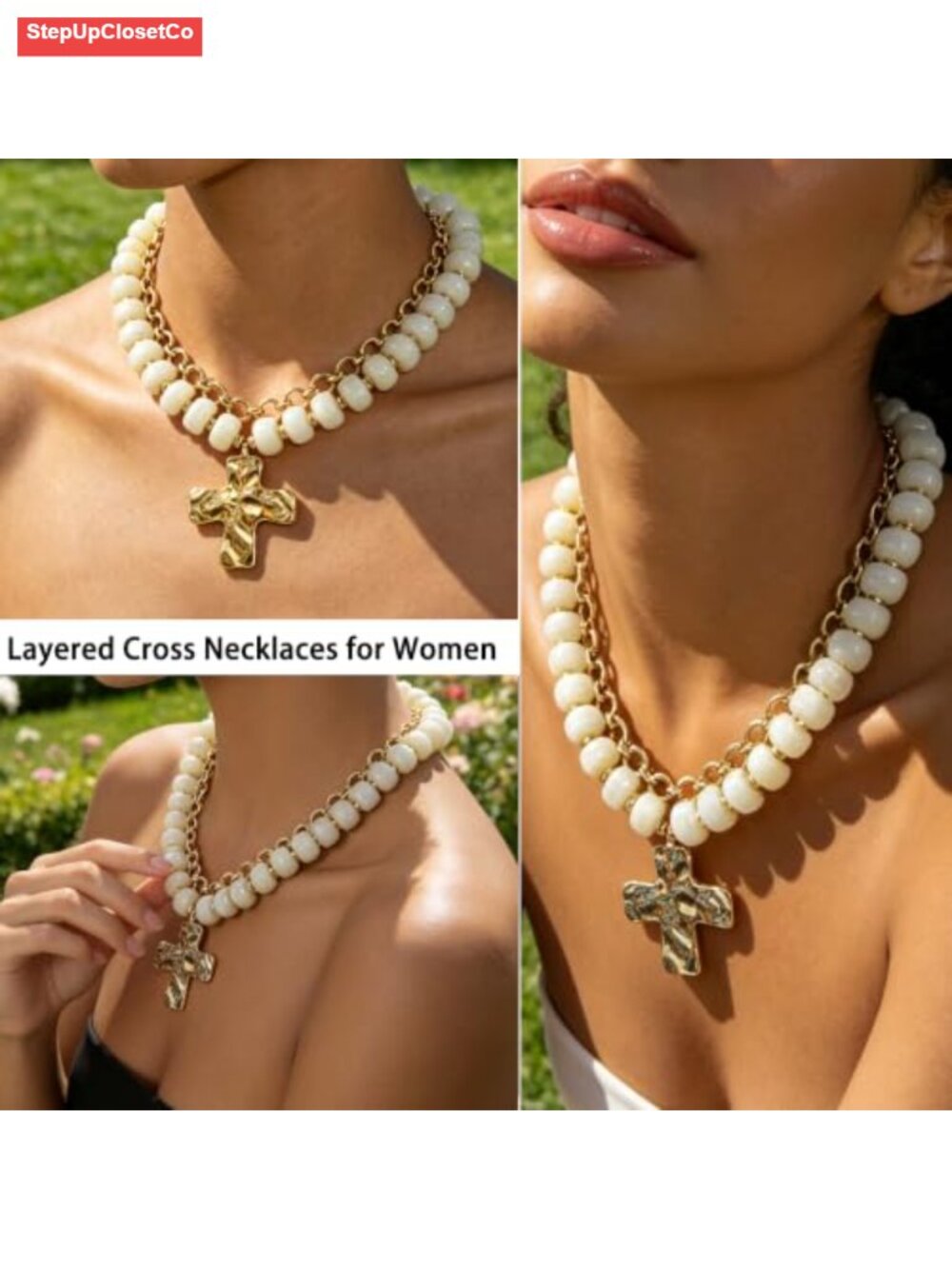 Gold Plated Chunky Beaded Cross Layered Necklace Adjustable Lobster Clasp - Picture 4 of 6